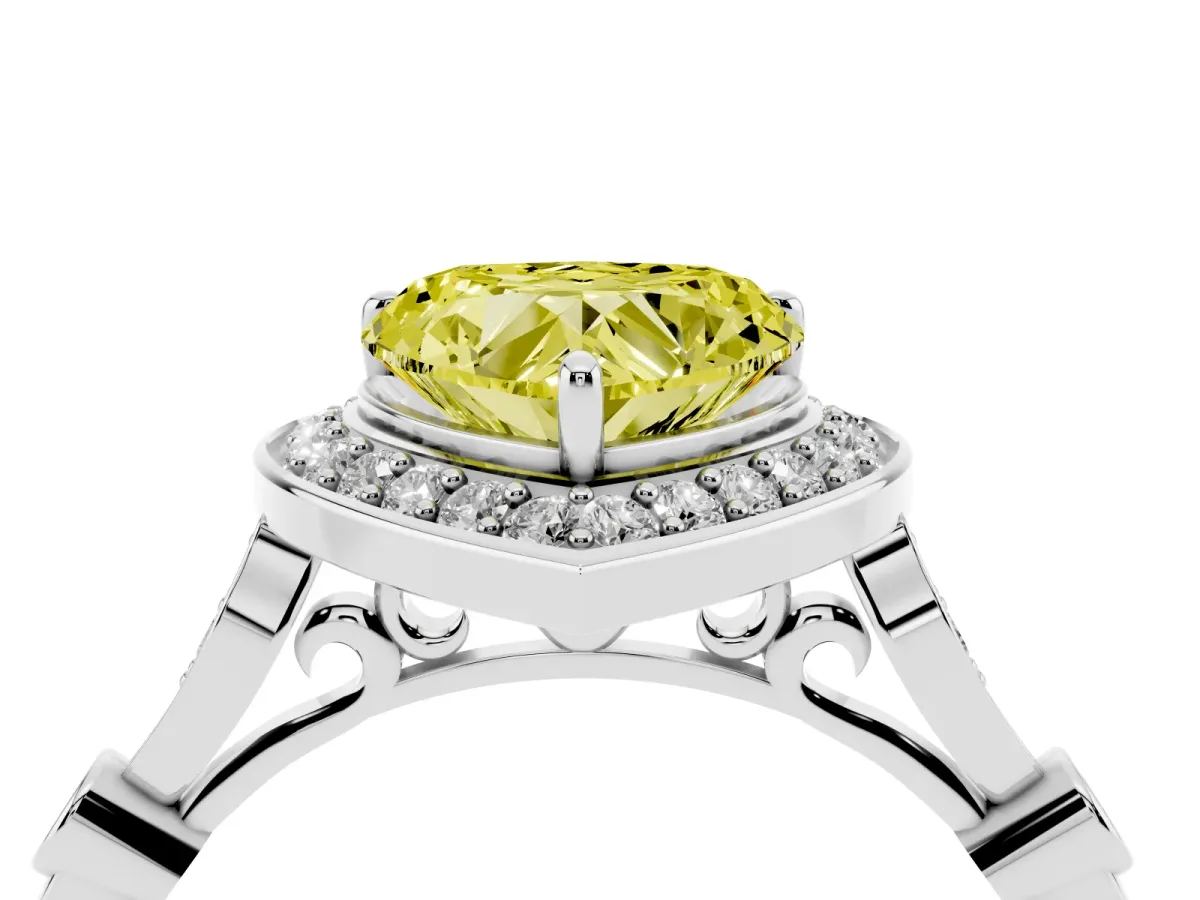 Fancy Yellow Heart Cut Halo Diamond Engagement Ring with Twisted Band and Four-Prong Setting Silver