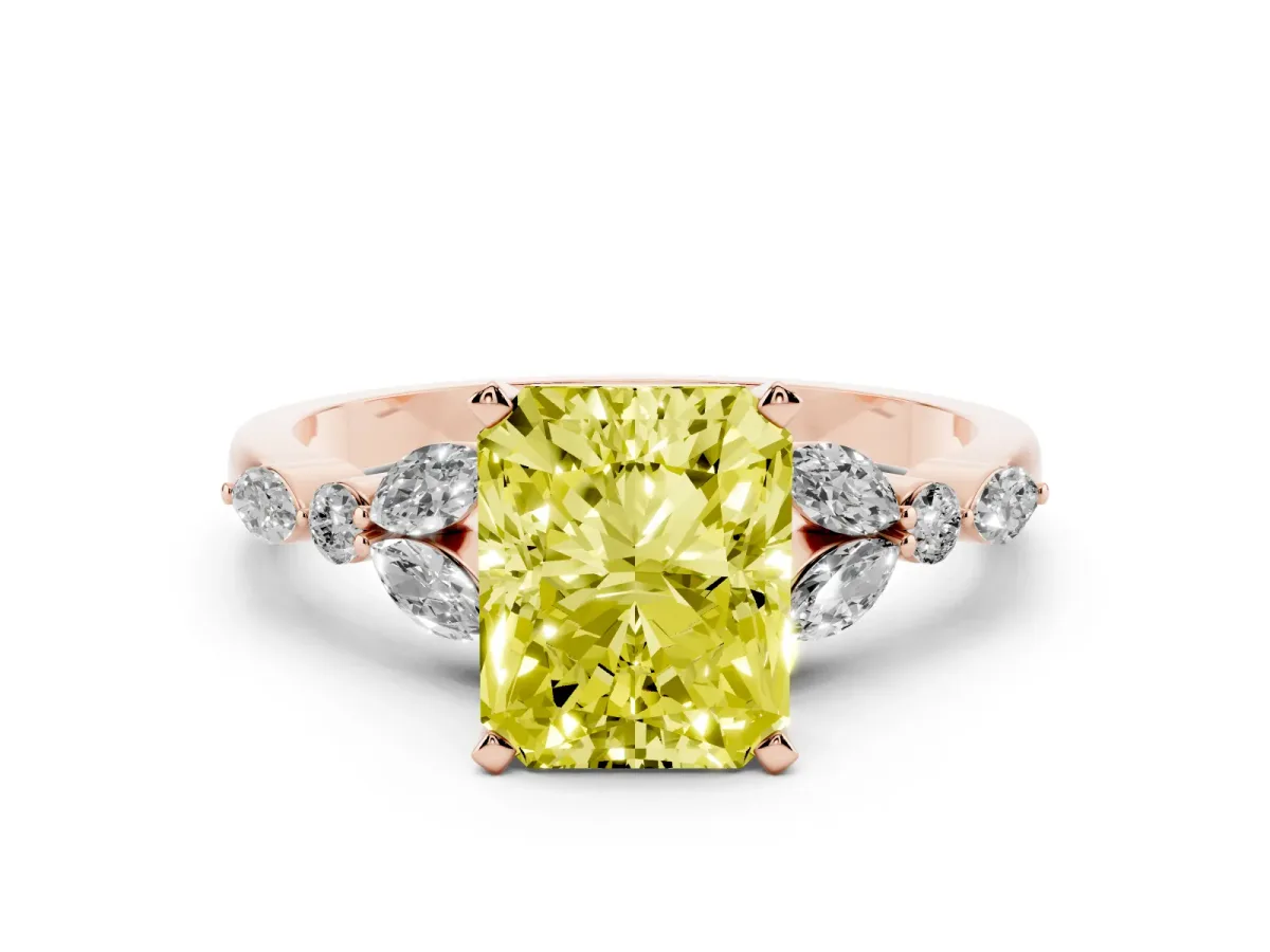 Fancy Yellow Radiant Cut Diamond Solitaire Ring with Side Stones and Four-Prong Setting Rose gold