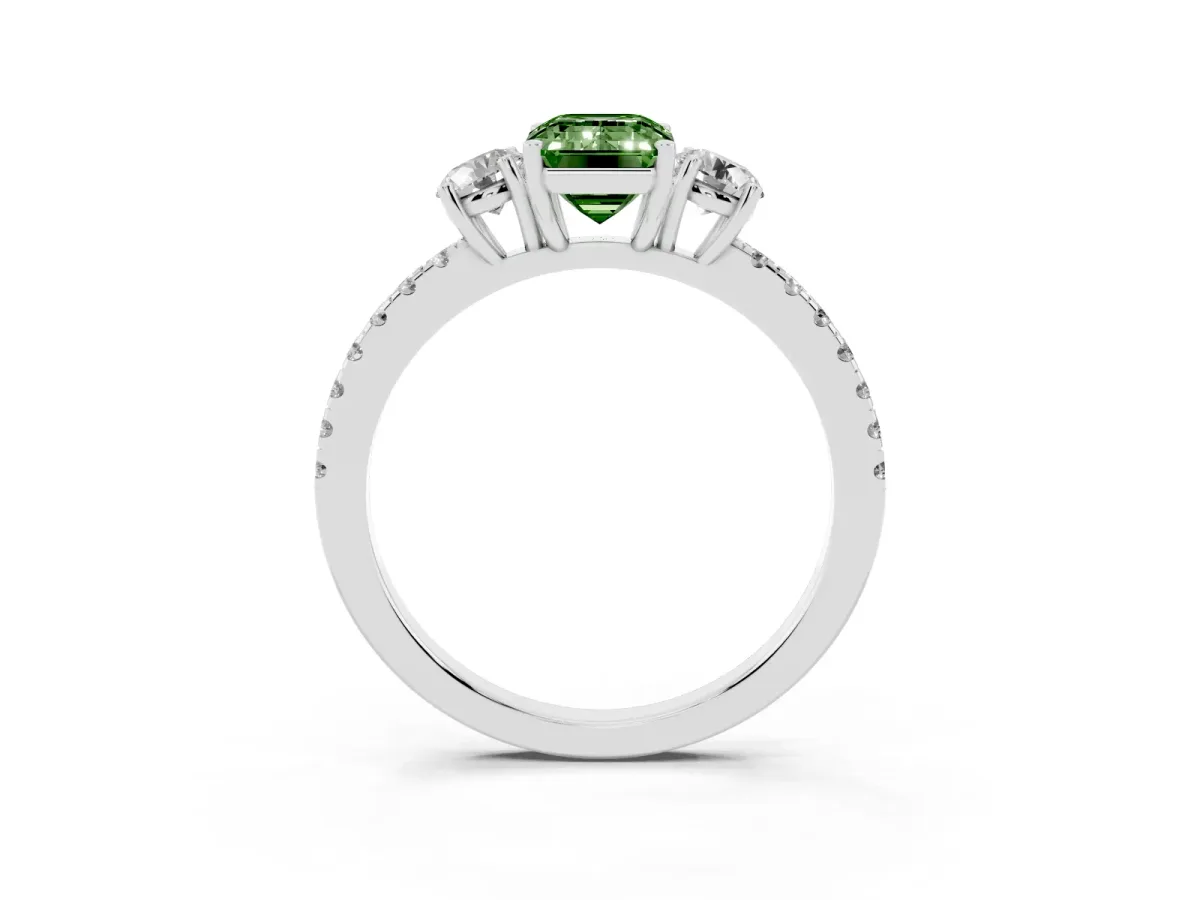 Fancy Green Three-Stone Emerald Cut Cut Diamond Pavé Band with Prong Setting Silver