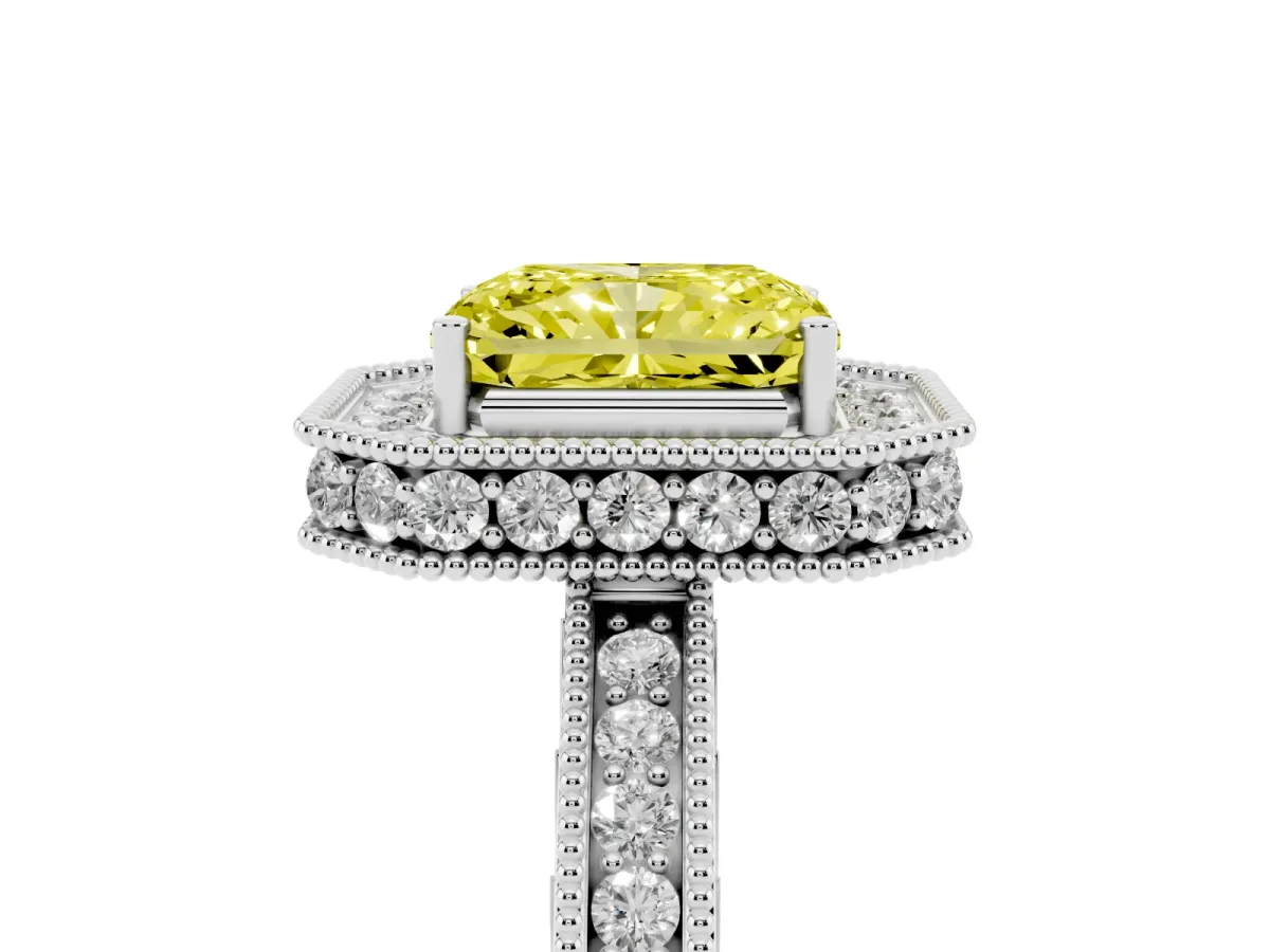 Fancy Yellow Radiant Cut Diamond Milgrain Halo Engagement Ring with Round Pavé Band and Prong Setting Silver