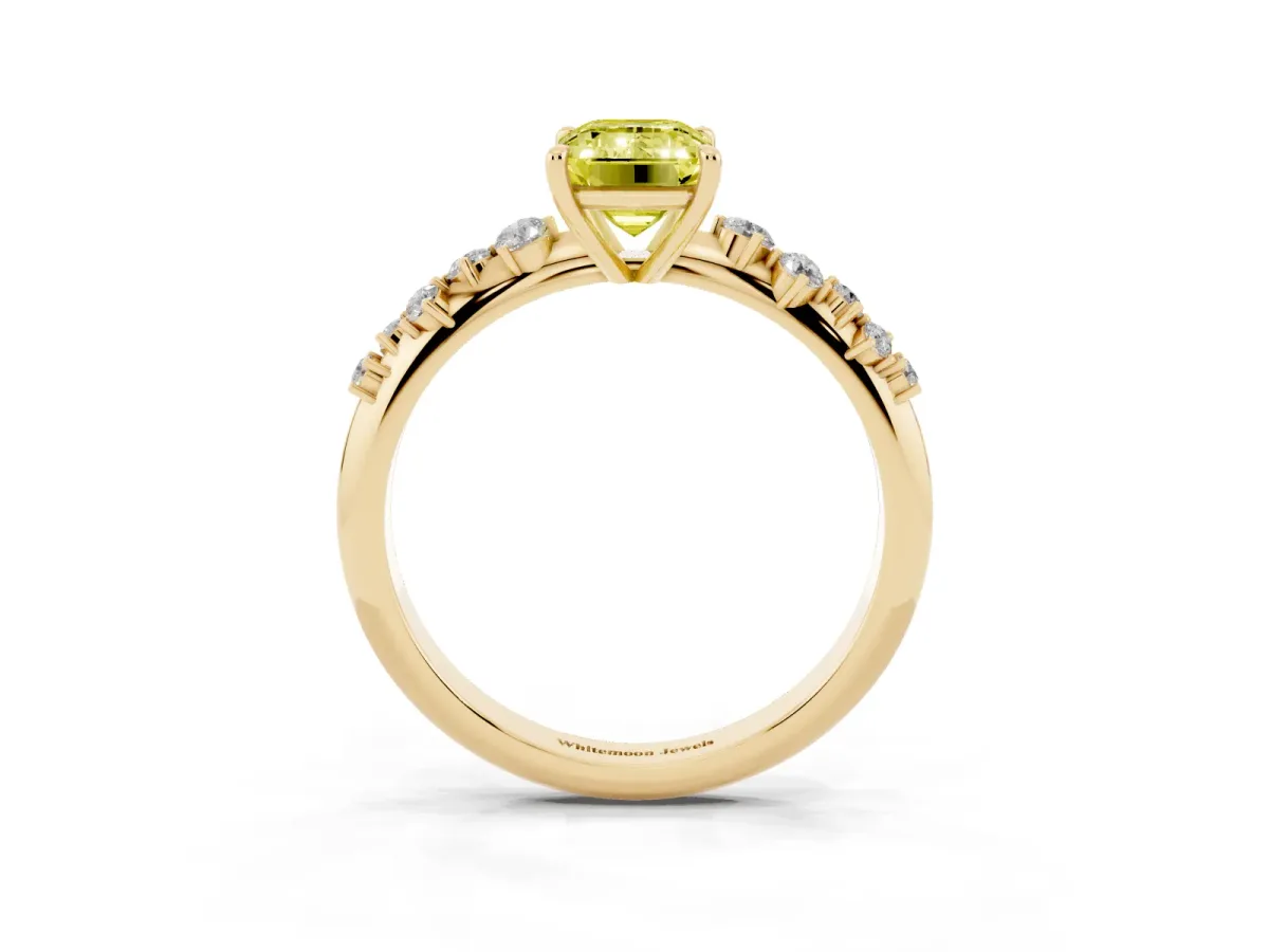 Fancy Yellow Emerald Cut Diamond Cluster Side Stone Solitaire Ring with Prong Setting Yellow gold