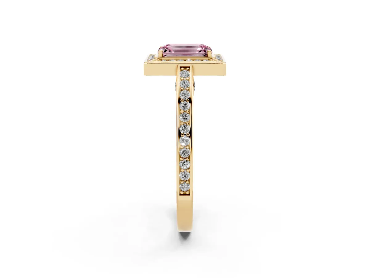 Fancy Pink Emerald Cut Cut Halo Pave Split Shank Prong Setting Ring Yellow gold