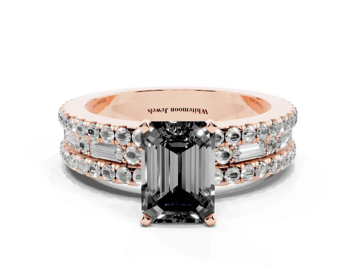 Fancy Black Emerald Cut Diamond Solitaire Ring with Pavé and Channel Set Band Rose gold