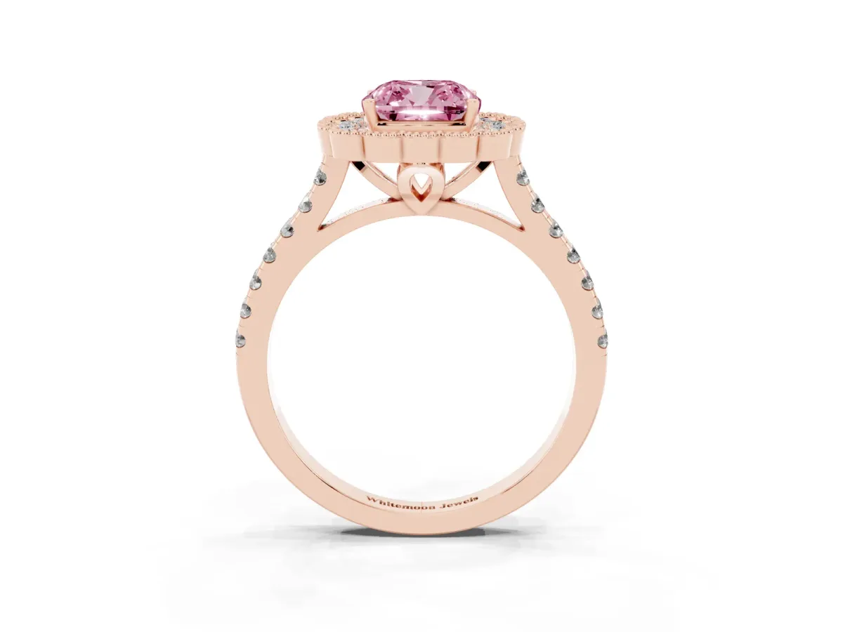 Fancy Pink Cushion Cut Cut Diamond Milgrain Floral Halo Engagement Ring with Pavé Band Rose gold