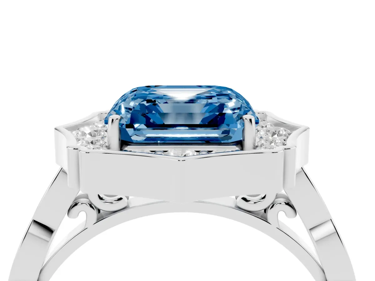 Fancy Blue Asscher Cut Halo Diamond Engagement Ring with Milgrain Band and Four-Prong Setting Platinum