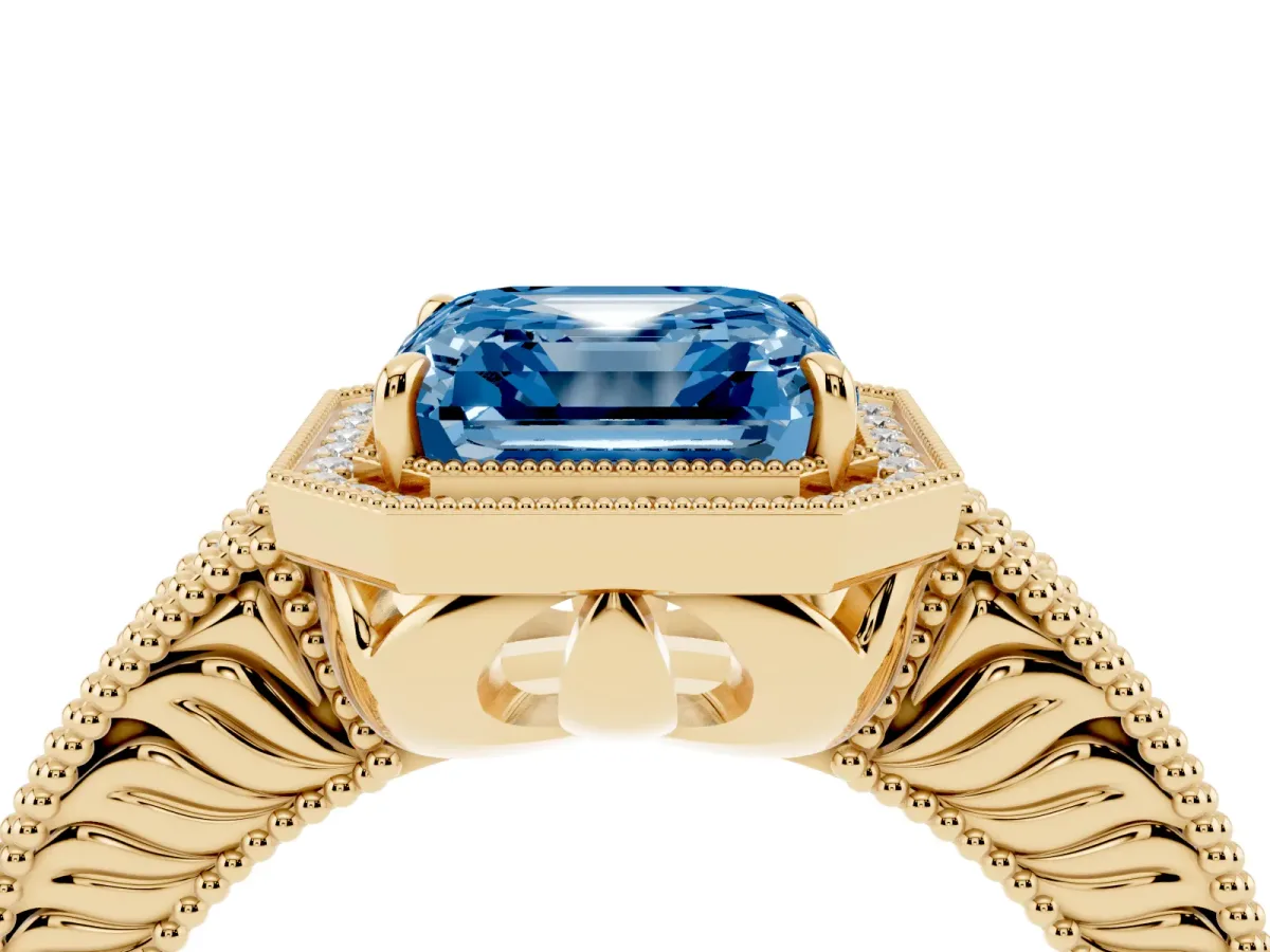 Fancy Blue Asscher Cut Cut Halo Diamond Ring with Pavé Band and Four-Prong Setting Yellow gold