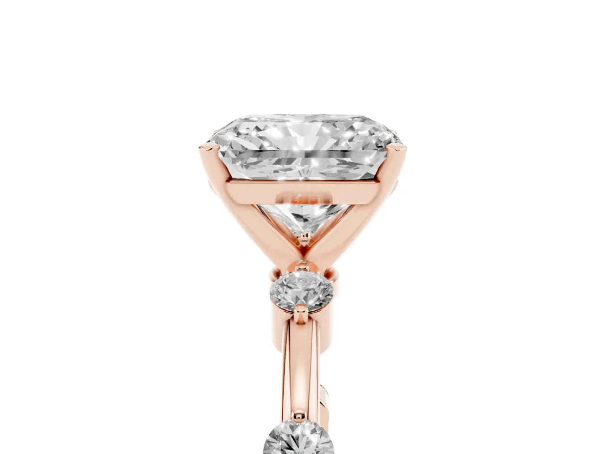 Radiant Cut Solitaire Diamond Ring with Bezel Set Side Stones and Prong Setting Rose gold