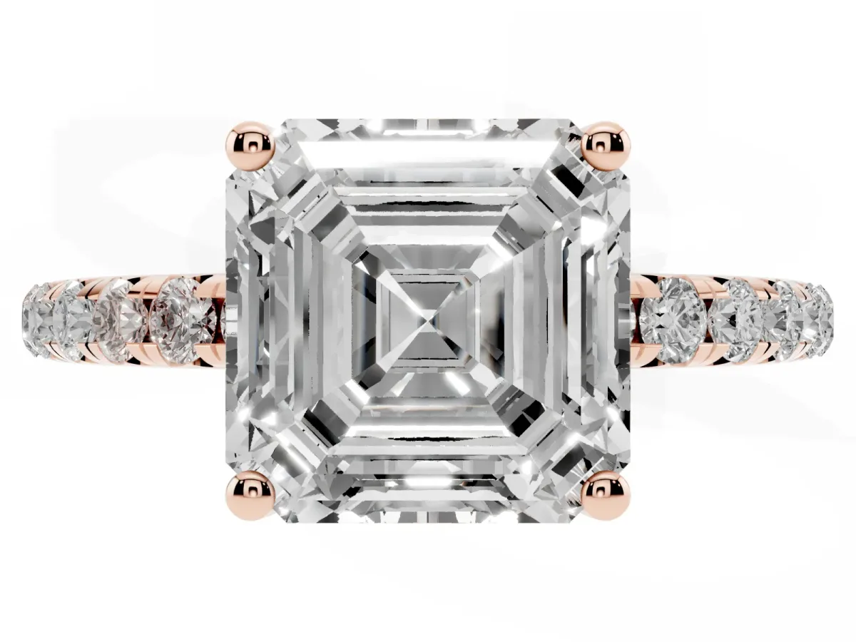 Asscher Cut Cut Diamond Solitaire Ring with Micro Pave Band and Four Prong Setting Rose gold