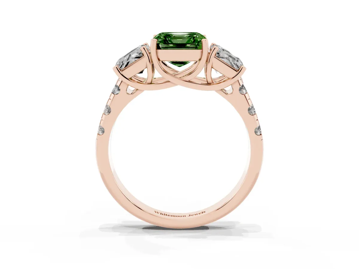 Fancy Green Three-Stone Asscher Cut Diamond Pavé Band with Prong Setting Rose gold