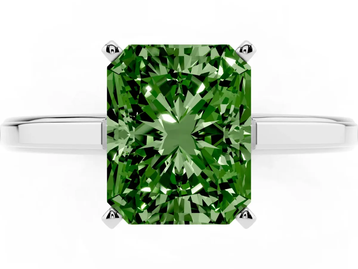 Fancy Green Radiant Cut Solitaire Diamond Ring with Four-Prong Setting and Classic Band Silver