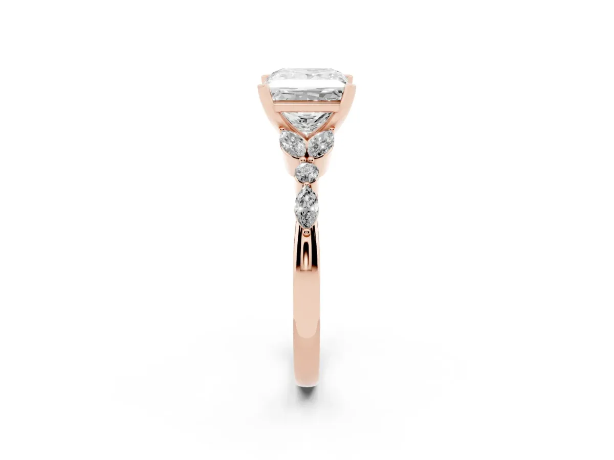 Princess Cut Diamond Solitaire Ring with Side Stones and Four-Prong Setting Rose gold