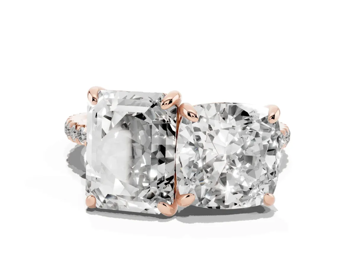 Cushion and Emerald Toi Moi Ring with Prong Setting and Micro Pave Band Rose gold