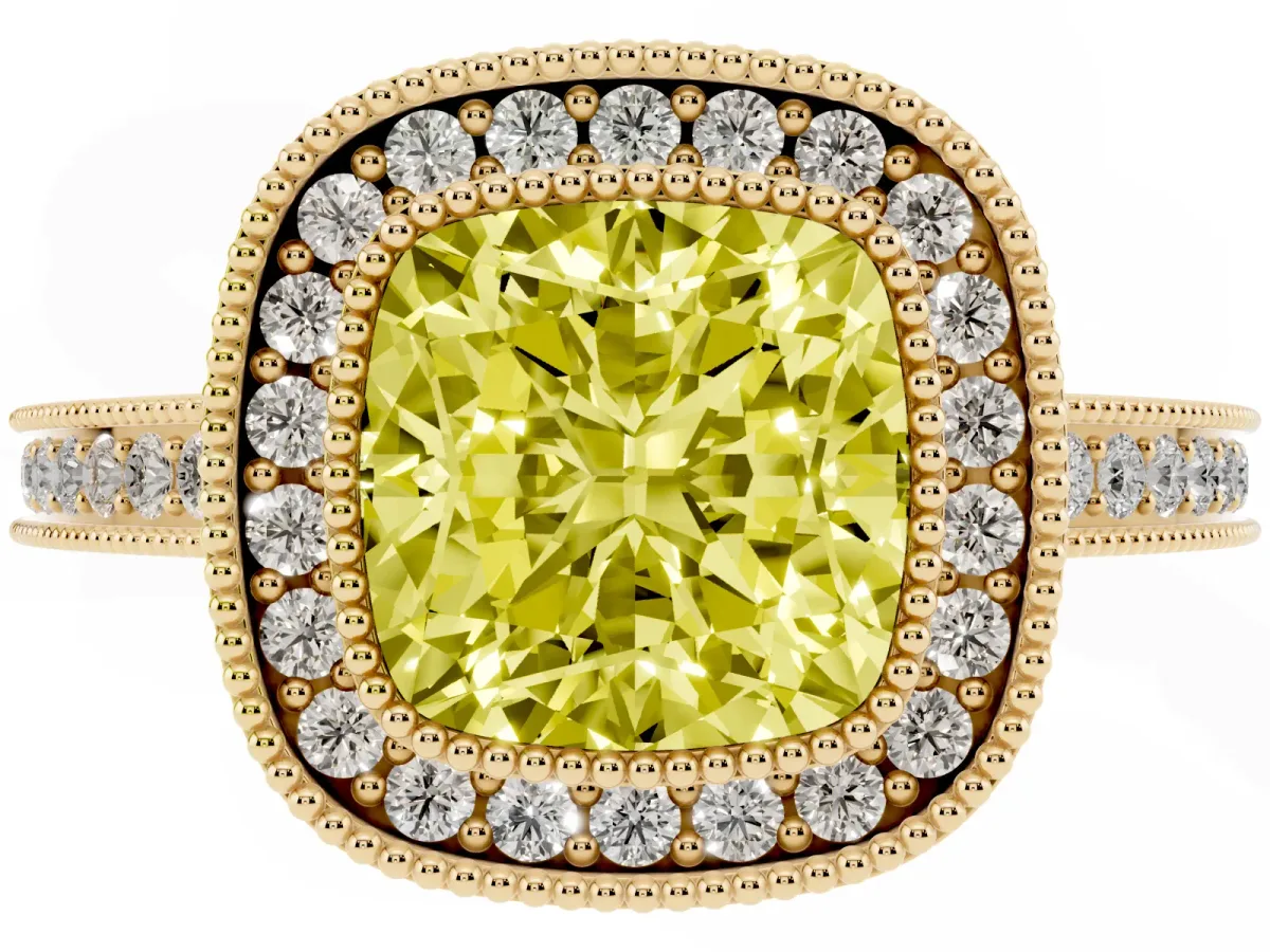Fancy Yellow Cushion Cut Cut Halo Diamond Ring with Pavé Band and Milgrain Prong Setting Yellow gold
