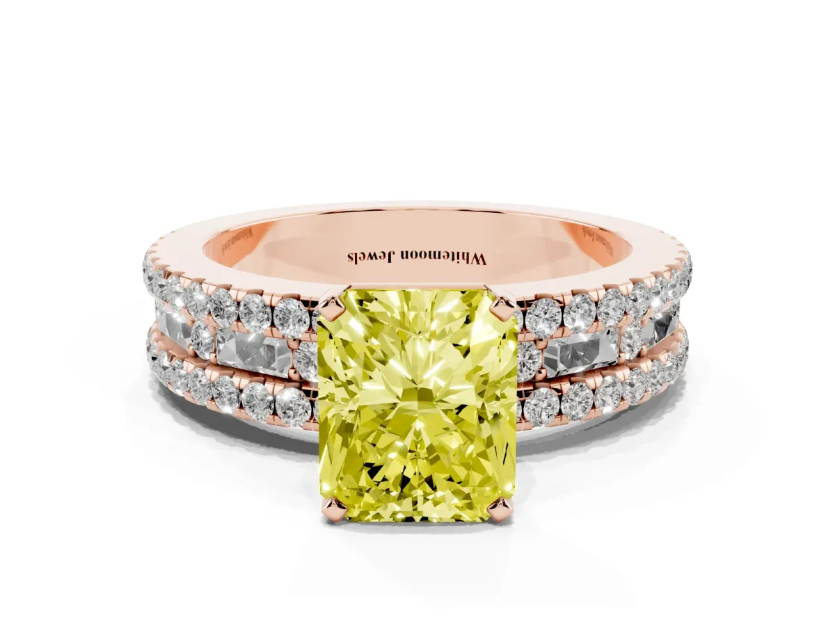 Fancy Yellow Radiant Cut Diamond Solitaire Ring with Pavé and Channel Set Band Rose gold