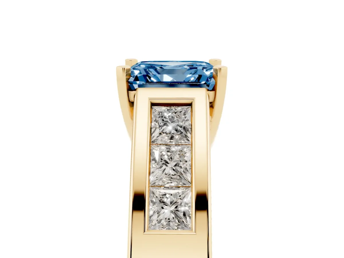 Fancy Blue Asscher Cut Cut Channel Set Solitaire Ring with Four-Prong Setting Yellow gold