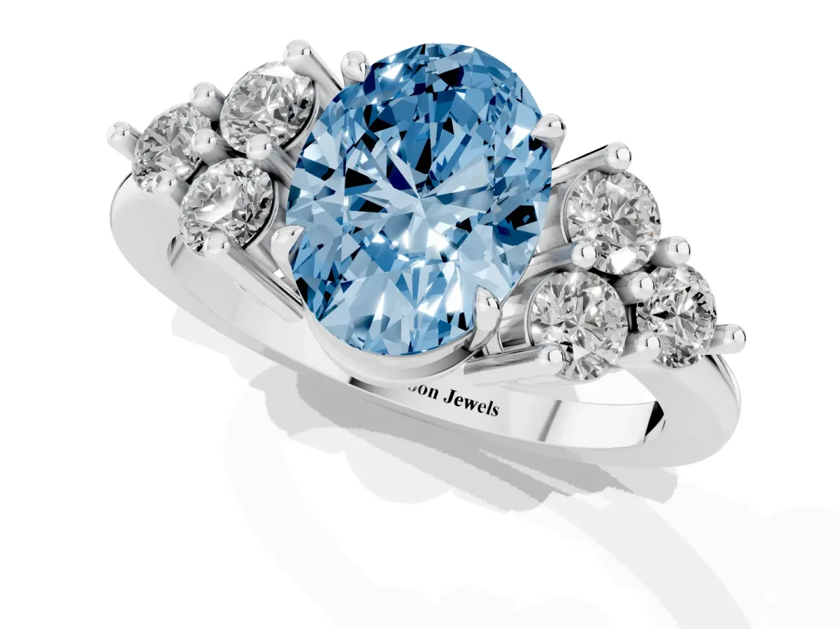 Fancy Blue Oval Cut Brilliant Diamond Cluster Accent Solitaire Ring with Prong Setting White gold
