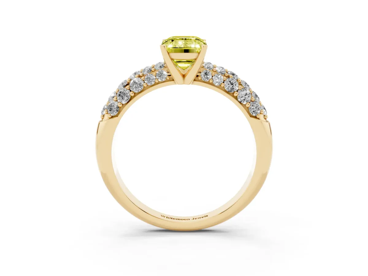 Fancy Yellow Emerald Cut Diamond Pavé Band Solitaire Ring with Four-Prong Setting Yellow gold