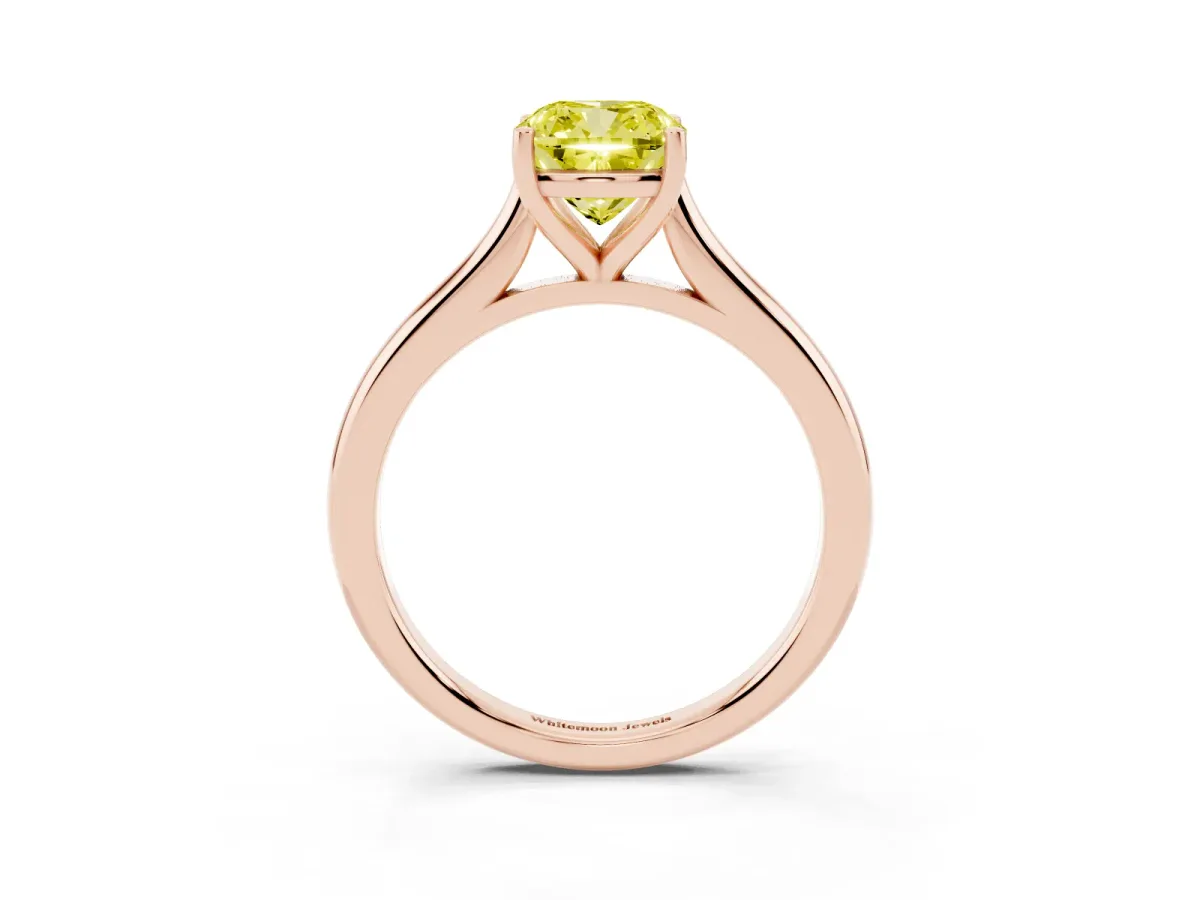 Fancy Yellow Cushion Cut Cut Solitaire Ring with Cathedral Band and Four-Prong Setting Rose gold