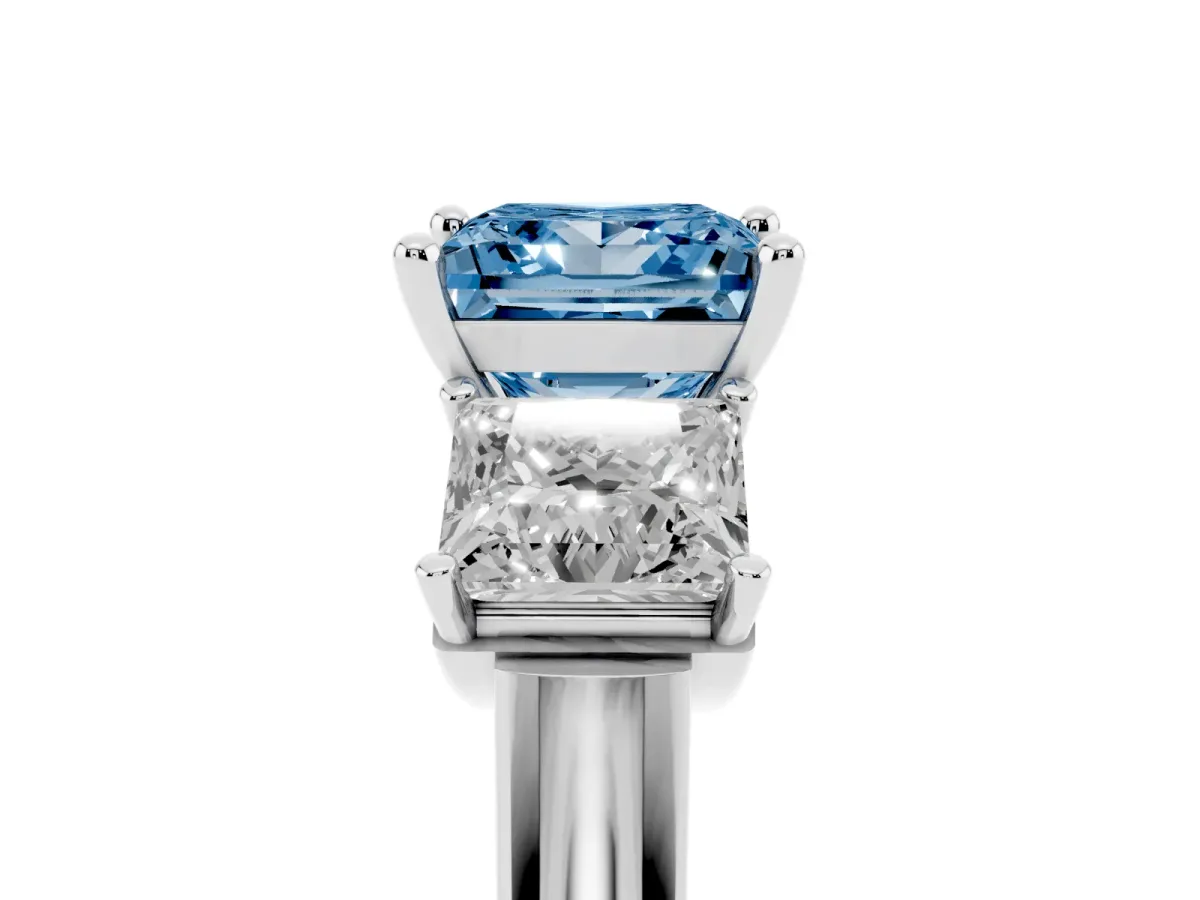 Fancy Blue Three-Stone Princess Cut Brilliant Diamond Trellis Ring with Comfort Fit Band White gold