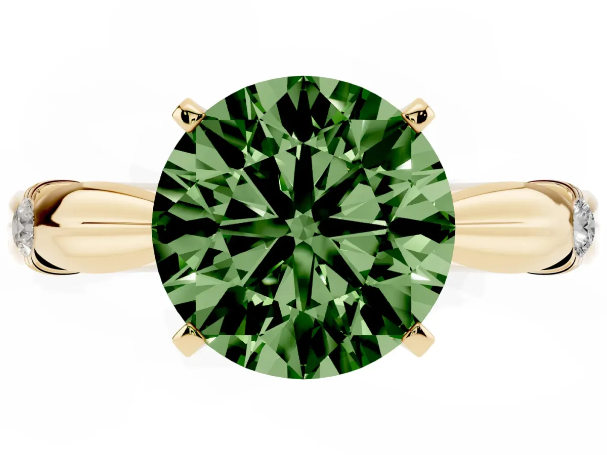 Fancy Green Round Cut Solitaire Diamond Twisted Band with Four-Prong Setting Yellow gold