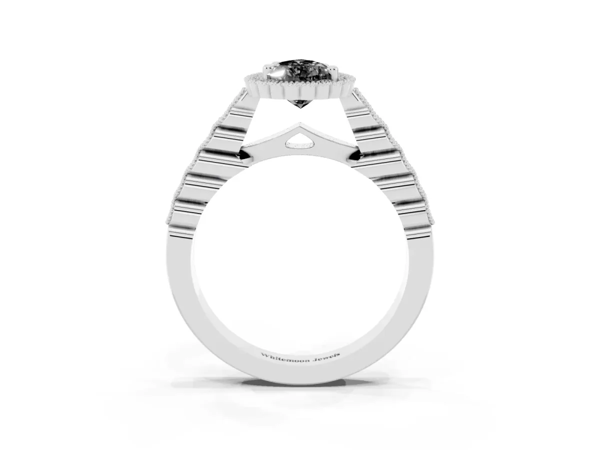 Fancy Black Pear Cut Cut Halo Pavé Solitaire Ring with Milgrain Band Platinum