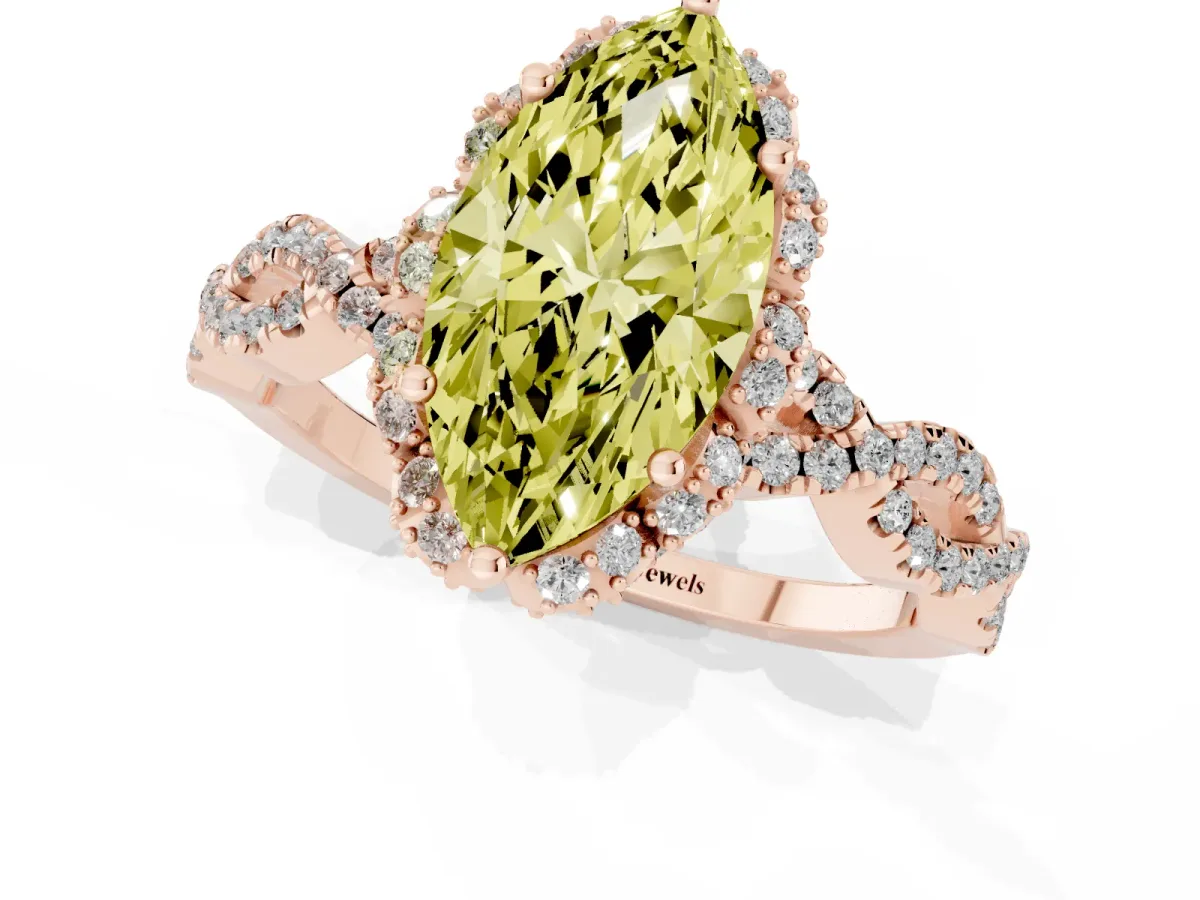 Fancy Yellow Marquise Cut Halo Twist Band Solitaire Ring with Six-Prong Setting Rose gold