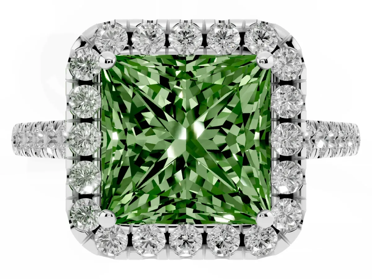Fancy Green Princess Cut Halo Pave Diamond Engagement Ring with Four-Prong Setting Silver