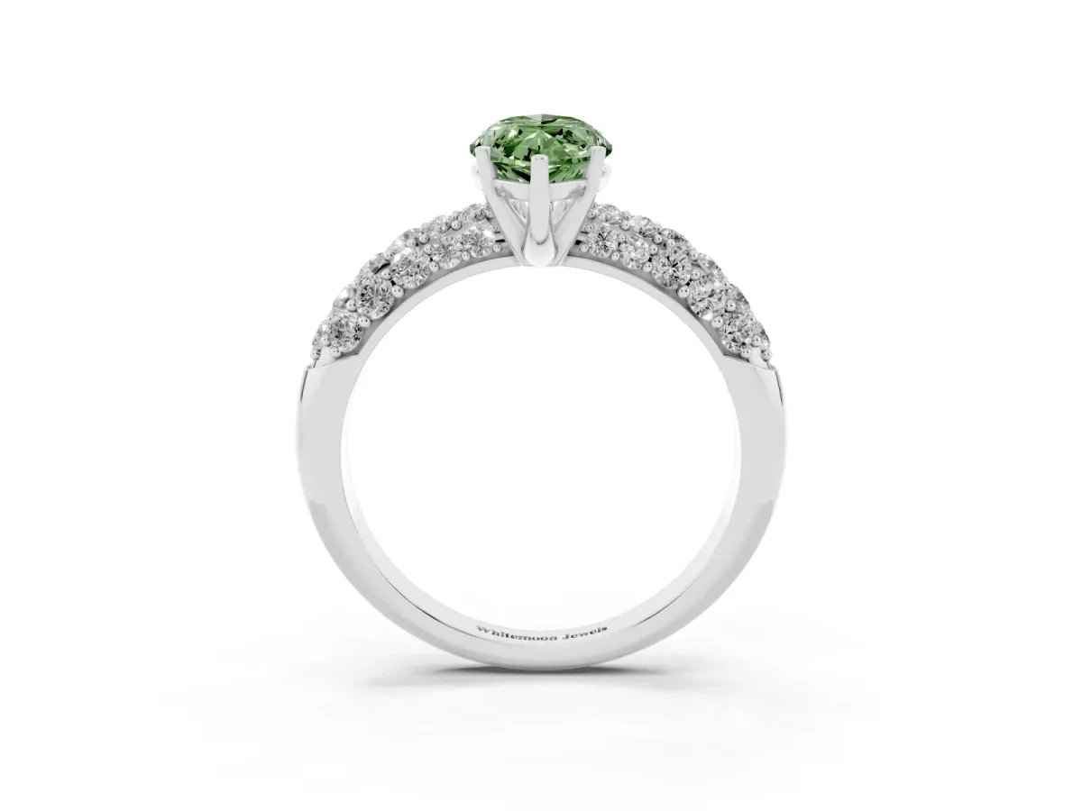 Fancy Green Marquise Cut Diamond Pavé Band Solitaire Ring with Four-Prong Setting Silver