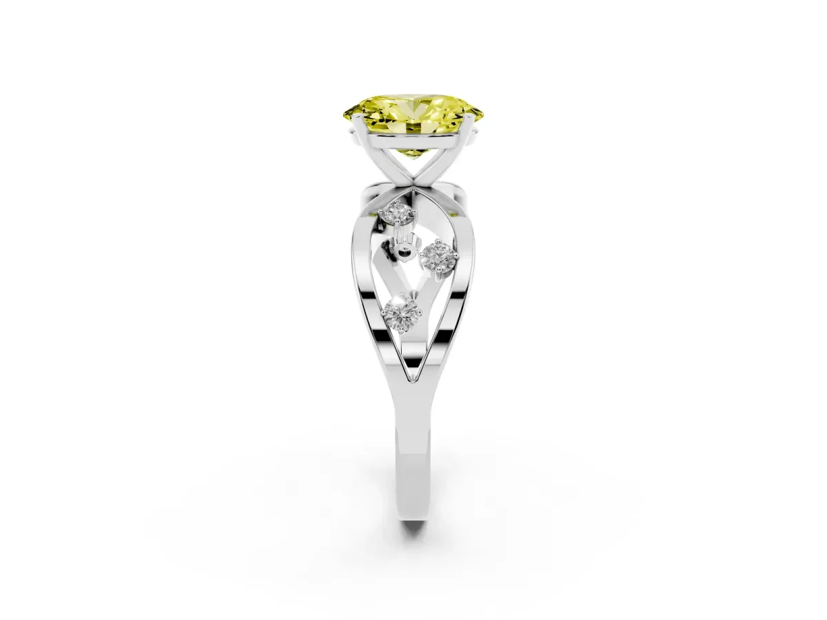 Fancy Yellow Oval Cut Cut Solitaire Diamond with Side Stones on Criss-Cross Band and Four-Prong Setting Silver