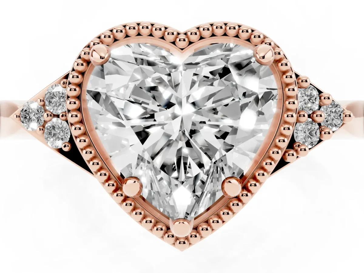 Hexagonal Halo Heart Cut Diamond Solitaire with Pavé Band and Four-Prong Setting Rose gold