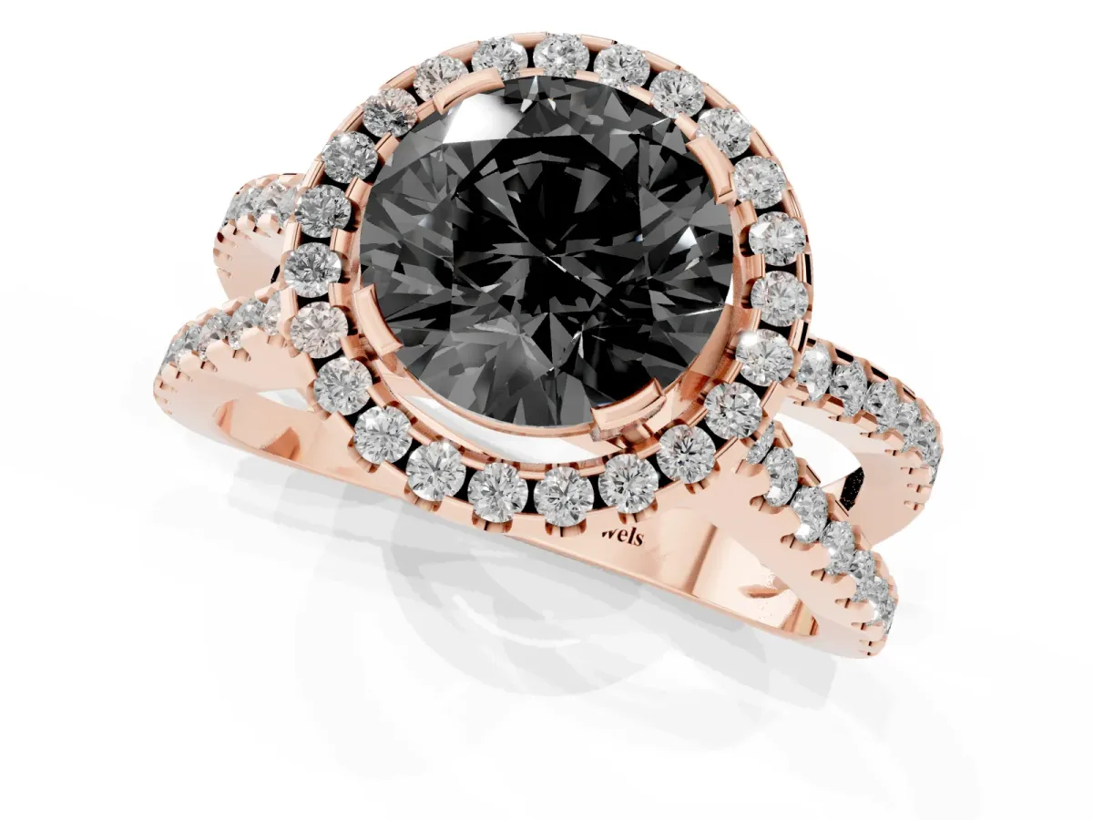 Fancy Black Round Cut Diamond Halo Ring with Split Shank Pavé Band and Prong Setting Rose gold