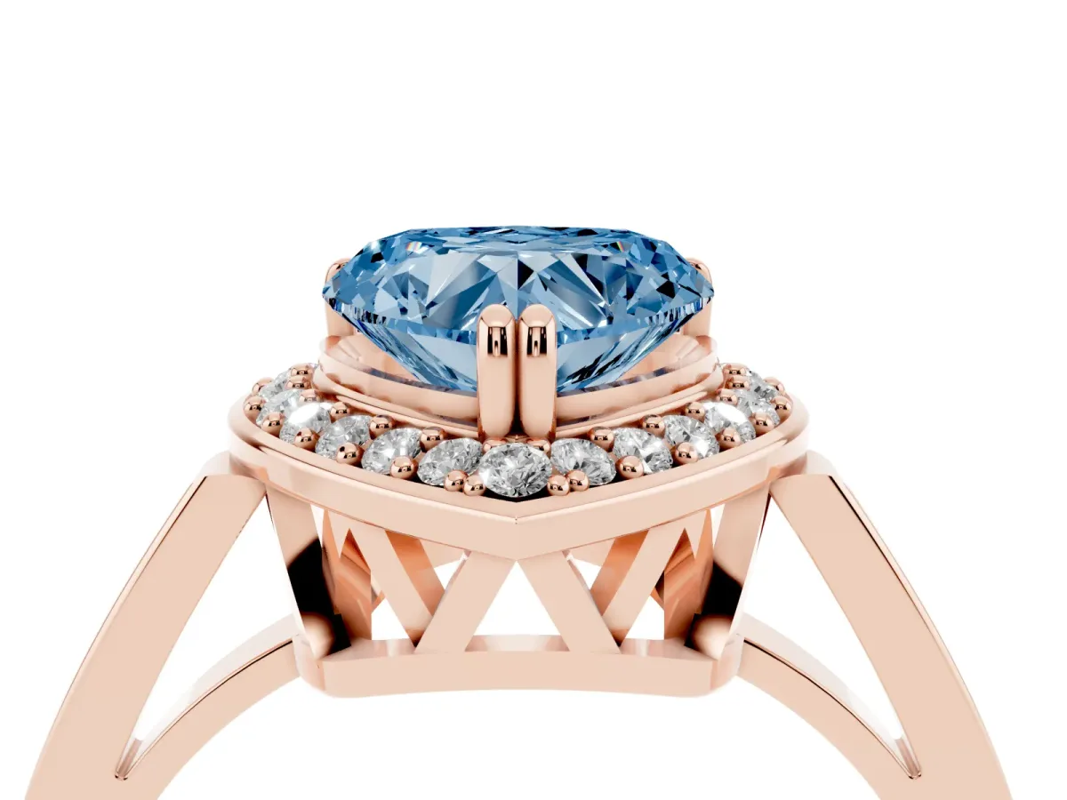 Fancy Blue Heart Cut Diamond Halo Ring with Split Shank and Four-Prong Setting Rose gold