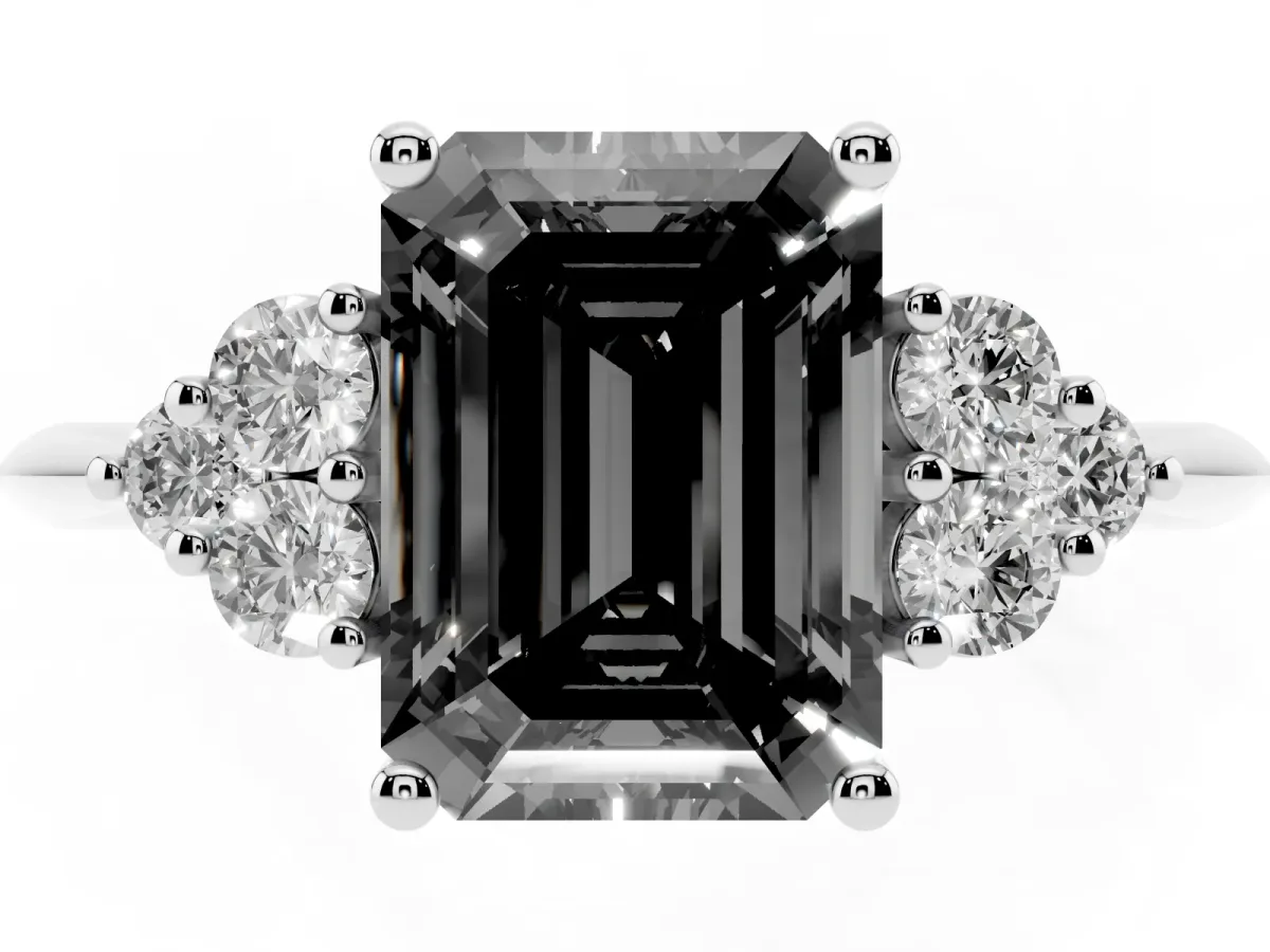 Fancy Black Emerald Cut Cut Diamond Cluster Ring with Solitaire Band and Four-Prong Setting Silver