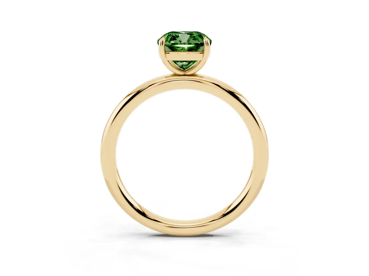 Fancy Green Cushion Cut Solitaire Diamond Ring with Four-Prong Setting on a Plain Band Yellow gold
