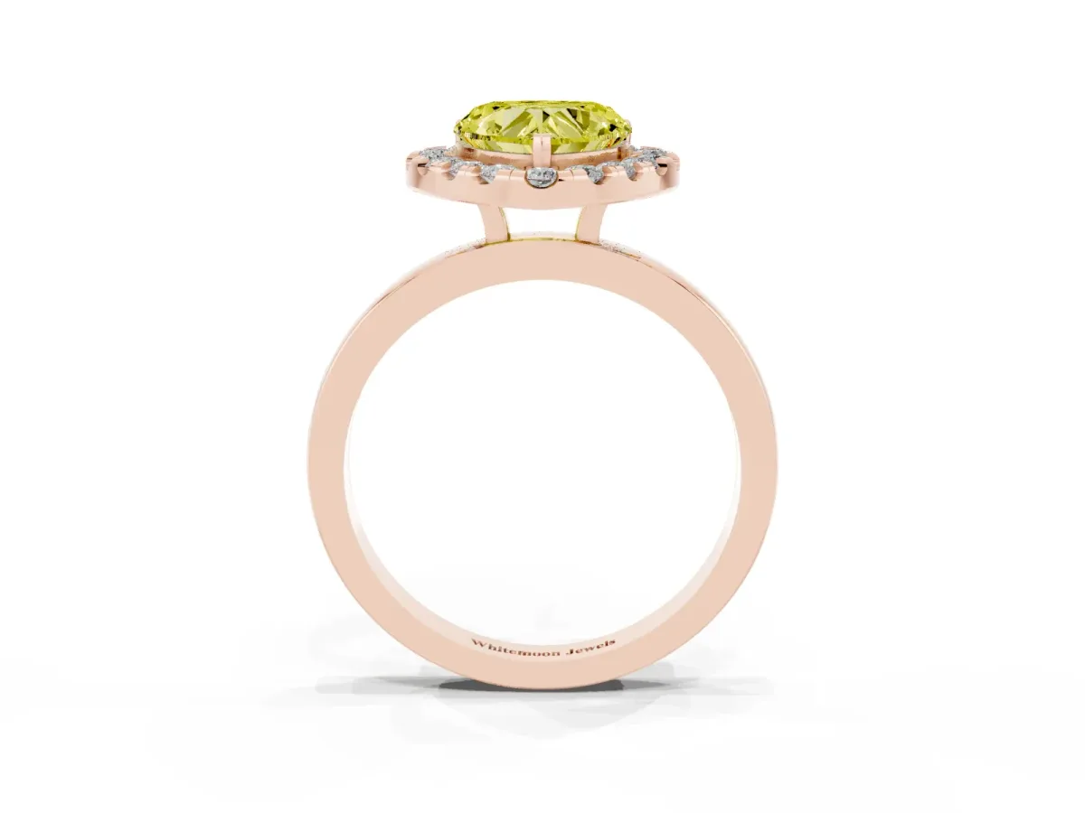 Fancy Yellow Heart Cut Halo Diamond Solitaire with Pavé Band and Four-Prong Setting Rose gold