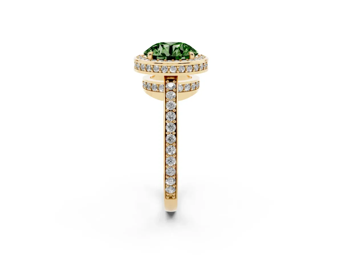 Fancy Green Round Cut Halo Pave Band Solitaire Ring with Prong Setting Yellow gold