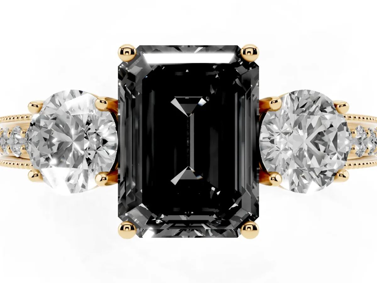 Fancy Black Emerald Cut Three-Stone Diamond Ring with Pavé Band and Four-Prong Setting Yellow gold