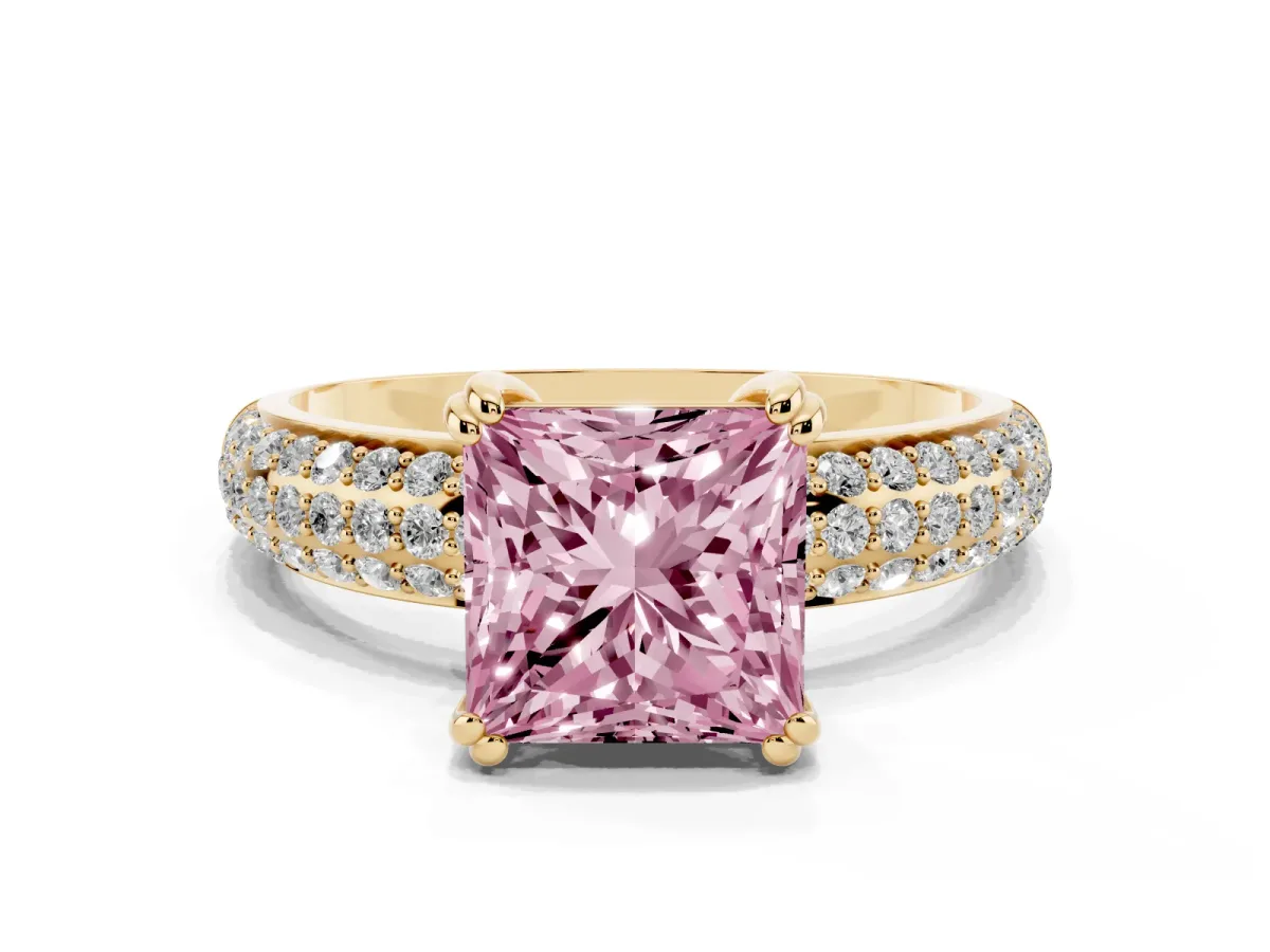 Fancy Pink Princess Cut Diamond Solitaire Ring with Multi-Row Round Pavé Band and Prong Setting Yellow gold