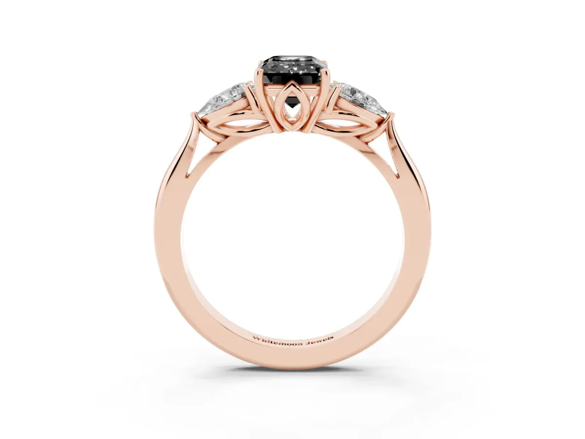 Fancy Black Emerald Cut Diamond Three-Stone Ring with Pear Side Stones and Prong Setting Rose gold