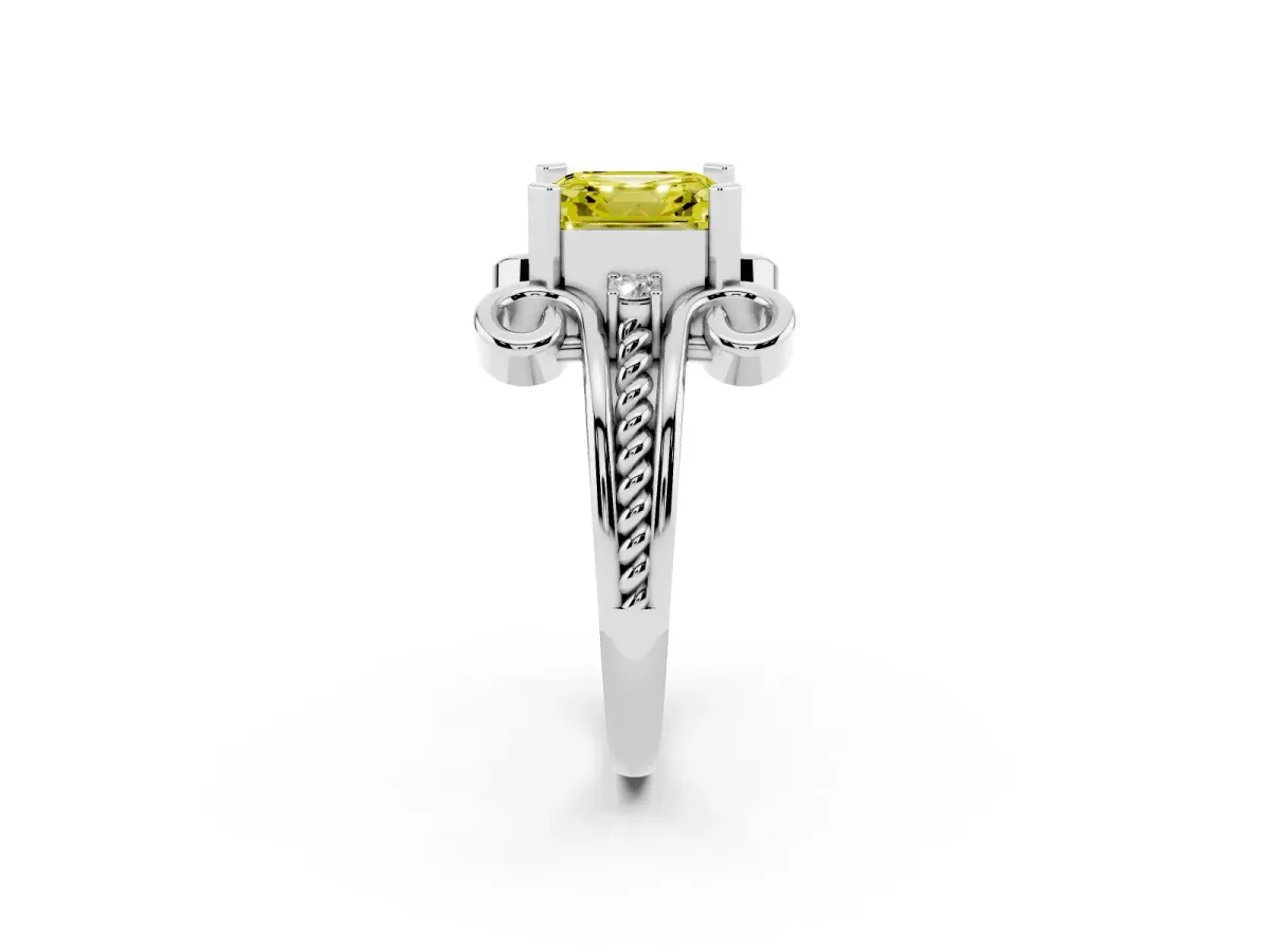 Fancy Yellow Asscher Cut Solitaire Twisted Band Scroll Prong Ring Platinum