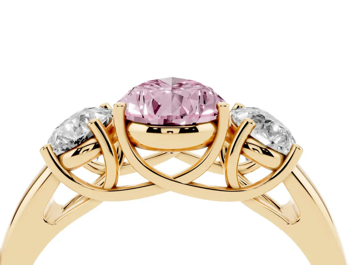 Fancy Pink Three-Stone Pear Cut Diamond Engagement Ring with Prong Setting Yellow gold