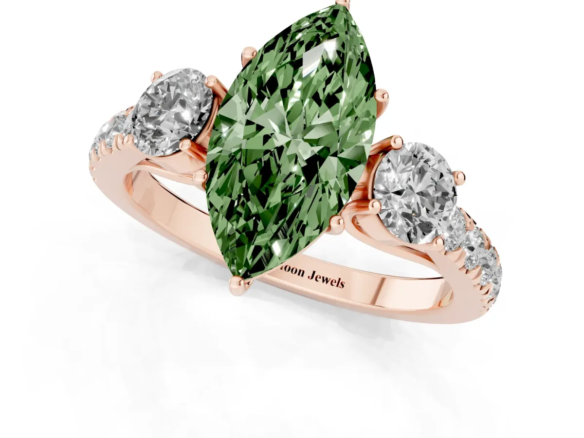 Fancy Green Marquise Cut Cut Diamond Three-Stone Ring with Round Side Stones and Pavé Band Rose gold