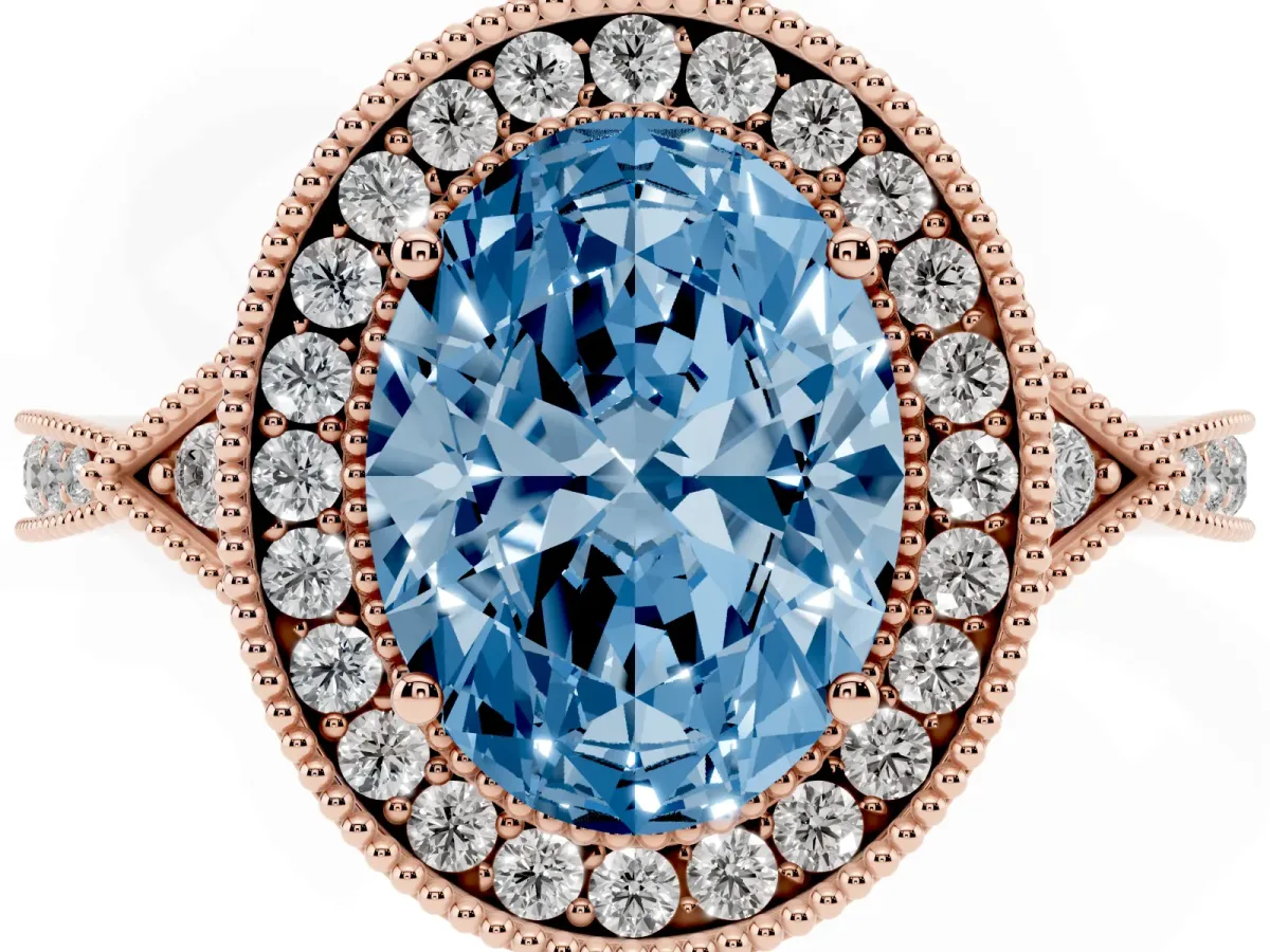 Fancy Blue Oval Cut Halo Round Diamond Milgrain Pave Engagement Ring Rose gold