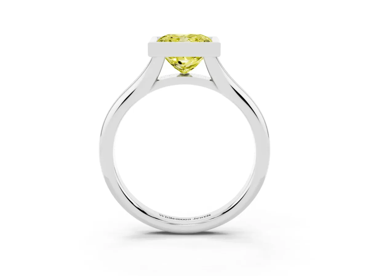 Fancy Yellow Bezel Set Princess Cut Solitaire Diamond Ring with Smooth Band Silver
