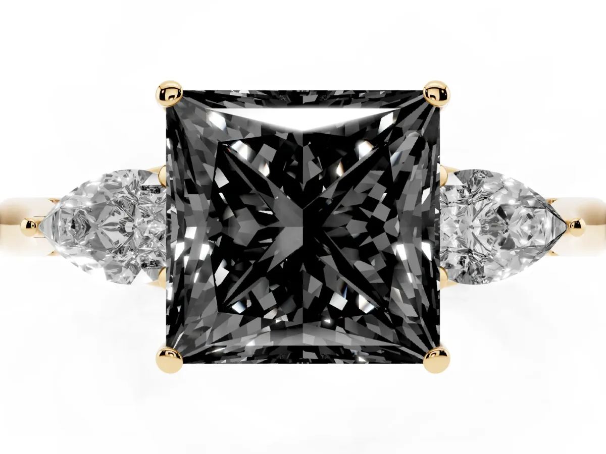 Fancy Black Three-Stone Princess Cut Brilliant Diamond Solitaire Ring with Tapered Band and Four-Prong Setting Yellow gold