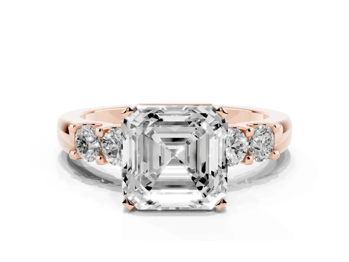 Asscher Cut Brilliant Cut Diamond Five-Stone Prong Set Engagement Ring with Channel Band Rose gold