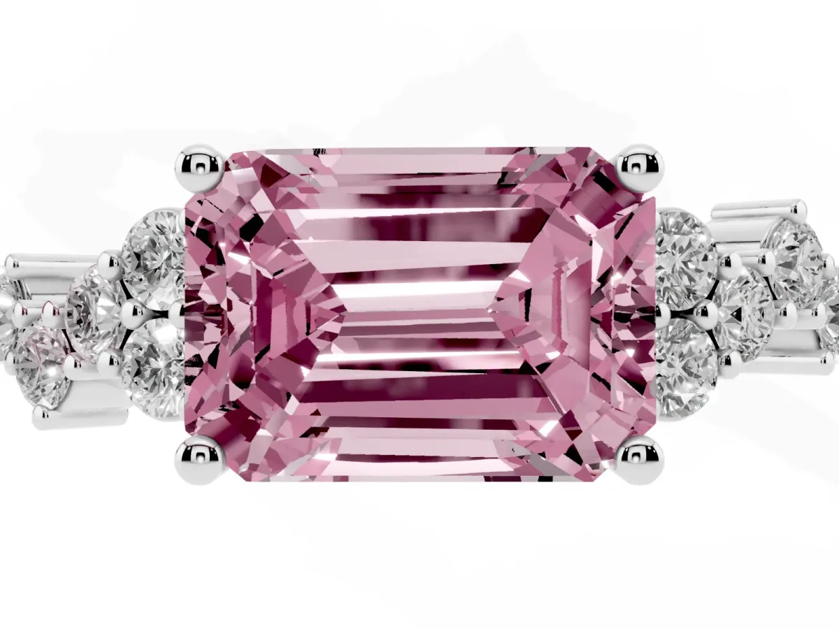 Fancy Pink Emerald Cut Diamond Scattered Round Accent Ring with Prong Setting Silver