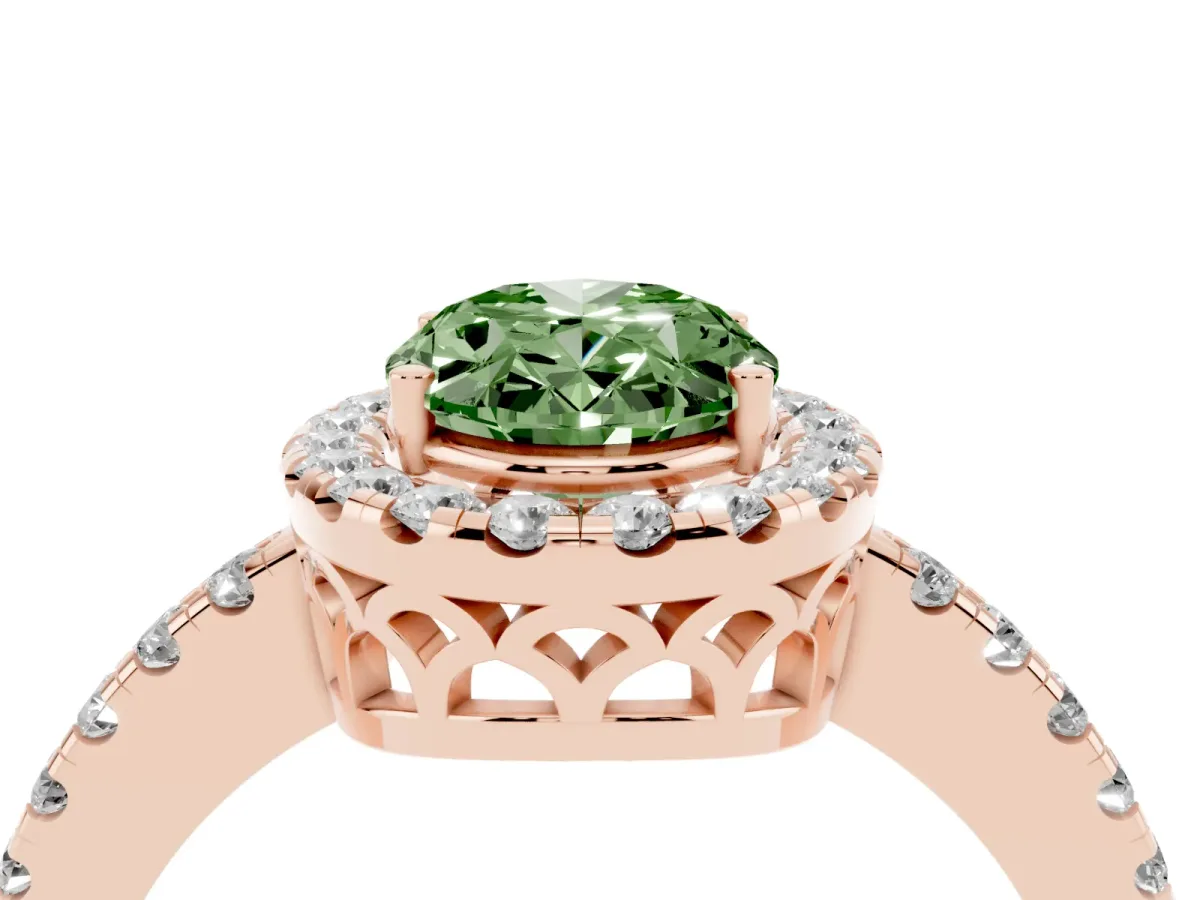 Fancy Green Oval Cut Halo Diamond Engagement Ring with Pavé Band and Four-Prong Setting Rose gold