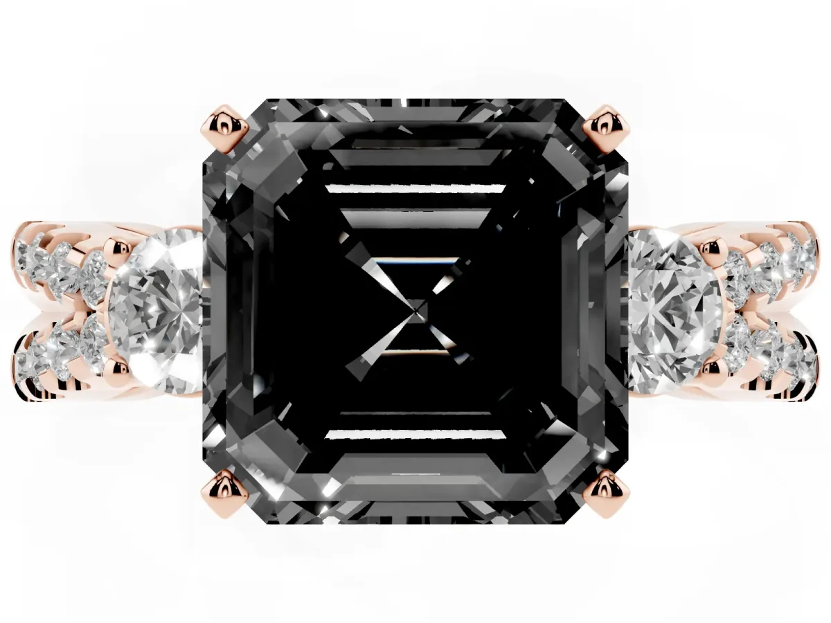 Fancy Black Asscher Cut Diamond Three-Stone Ring with Pavé Split Shank and Four-Prong Setting Rose gold