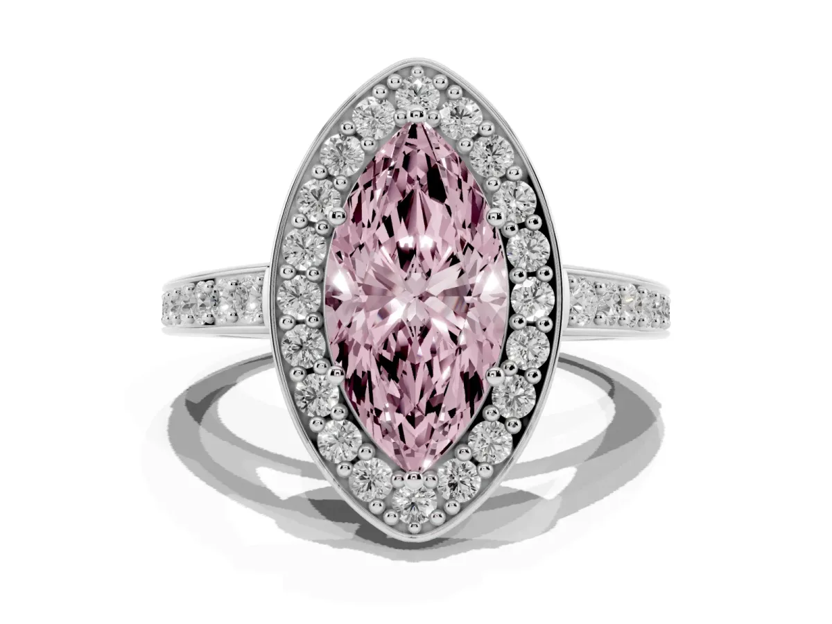 Fancy Pink Marquise Cut Halo Pavé Diamond Engagement Ring with Bezel Setting Silver